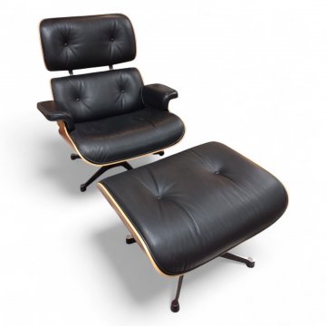 Hocker, Ottoman, Palisanderschale, Säule schwar/poliert, Lederpolster schwarz, Charles Eames, Vitra