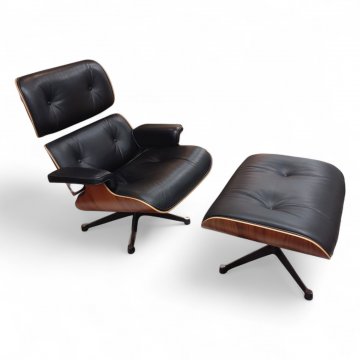 Hocker, Ottoman, Palisanderschale, Säule schwar/poliert, Lederpolster schwarz, Charles Eames, Vitra