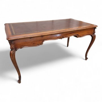 Schreibtisch, Mahagoni poliert, braunes Lederblatt, 3 Schübe, Bronzegriffe, 154x79x78cm 