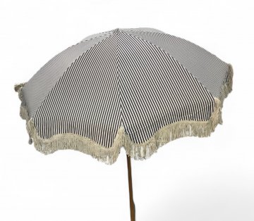 Sonnenschirm, blau weiß gestreift, mit weißen Fransen, ø210cm, OHNE Fuß (passender Schirmfuß 30/80)