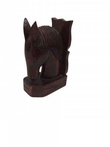P- Buchstütze, Pferdekopf, Holz, geschnitzt, rotbraun, H: 20cm, Patina