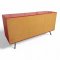 Sideboard BELAIR, rot lackiert, 2-türig, mittig 3 Schübe, Lochgriffe, Kanten gerundet, Chromfüße schräg, B145xT43xH75
