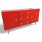 Sideboard BELAIR, rot lackiert, 2-türig, mittig 3 Schübe, Lochgriffe, Kanten gerundet, Chromfüße schräg, B145xT43xH75