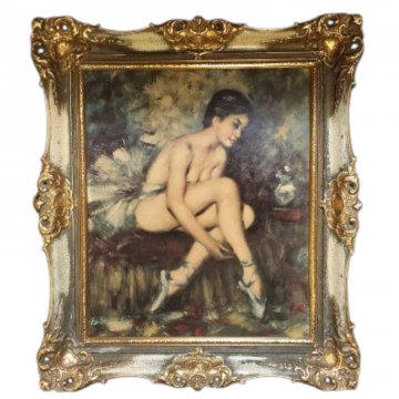 P- Bild gerahmt, Ballerina zieht Spitzenschuhe an, Holzrahmen beige goldene Elemente