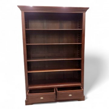 Bücherregalschrank, Landhaus, Mahagoni, 2 Schubladen, 5 Regalböden, seitl. Kassetten