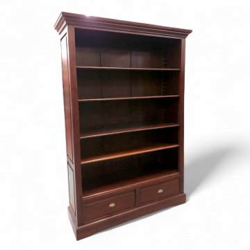 Bücherregalschrank, Landhaus, Mahagoni, 2 Schubladen, 5 Regalböden, seitl. Kassetten 