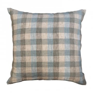 Kissen 45x45cm, blau/beigebraun kariert, Leinen