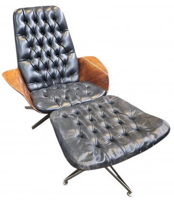 Hocker, Palisanderschale, Polster schwarz Leder, kapitoniert, zu Sessel 02100067