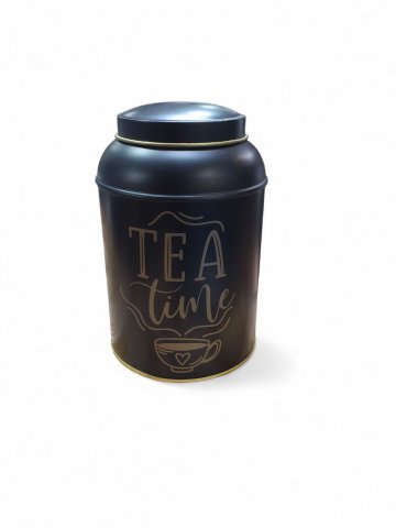 Dose TEA TIME, Teedose,schwarz ,gold,Metall,mit Deckel,mit Schrift, D 8 cm, h 14 cm 