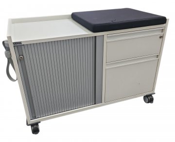 Rollcontainer, CEKA, weiß, grau, 2x Schub, 1x Schiebstür, 2x Böden 1x Sitzkissen schwarz, Container aus 4 Rollen, 92x44,5cm h63cm
