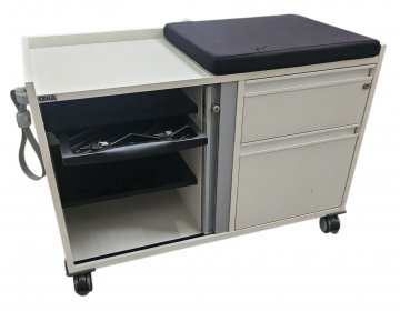 Rollcontainer, CEKA, weiß, grau, 2x Schub, 1x Schiebstür, 2x Böden 1x Sitzkissen schwarz, Container aus 4 Rollen, 92x44,5cm h63cm