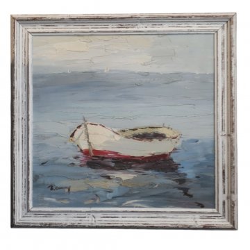 Bild gerahmt, Öl auf Leinwand, Boot am Strand, dicker Holzrahmen, weiß, VINTAGE