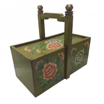 Nähkasten aus Holz, grün, floral bemalt, bäuerlich