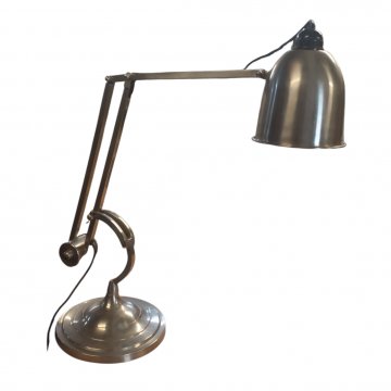 Tischlampe, Edelstahl, runder Sockel, gebogener, verstellbarer Ausleger mit Gegengewicht