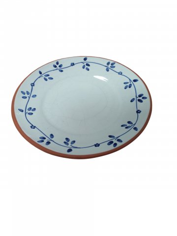 Tongeschirr, Teller, Speiseteller mit weißer Aufglasur und blauem Ornament