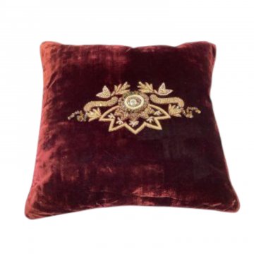 Kissen 50x50, bordeaux, Velour, Perlenstickerei abstraktes Auge, champagner, Rückseite Ribs