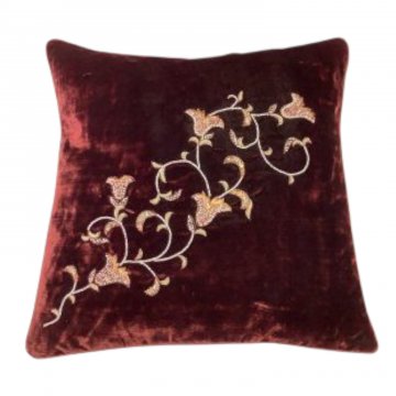 Kissen 50x50, bordeaux, Velour, Perlenstickerei Ranke mit Glocken, champagner, Rückseite Ribs