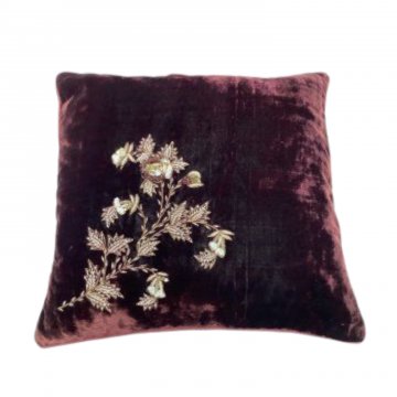 Kissen 50x50, bordeaux, Velour, Perlenstickerei Strauch mit Blüte, champagner, Rückseite Ribs