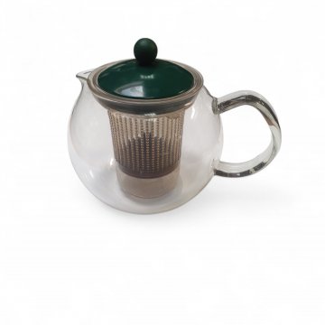 Teekanne, MUDOB, kugelförmig, Glas mit Sieb, grüner Deckel