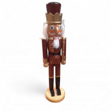 Nußknacker mit goldener Krone, dunkelbraun/gold Holz, Haare/Bart weiß, schwarze Stiefel, Höhe 38cm