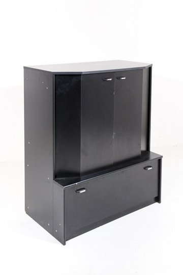 Schrankwandteil Schwarz, 80/90er Jahre, abgeschrägte Seiten, 2 Türen, 1 Klappe, 93x52cm, h 111cm