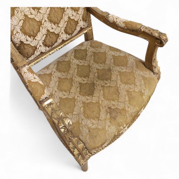 Sessel, gold, Verzierungen und Schnitzereien, Sitz und Rücken Damast grün beige gemustert, Krönung gerundet, Perlstab