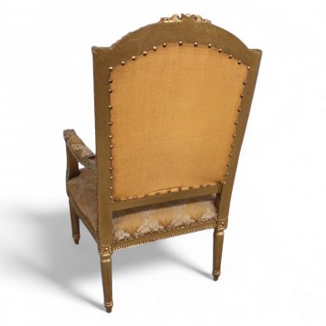 Sessel, gold, Verzierungen und Schnitzereien, Sitz und Rücken Damast grün beige gemustert, Krönung gerundet, Perlstab