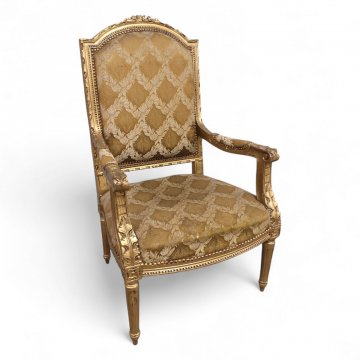 Sessel, gold, Verzierungen und Schnitzereien, Sitz und Rücken Damast grün beige gemustert, Krönung gerundet, Perlstab
