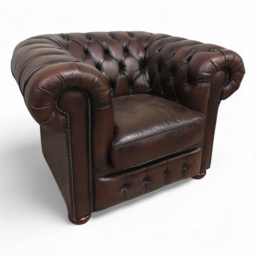 Sessel, Chesterfield, Vollpolster Leder dkl.braun, Arm-/Rückenl. kapitoniert, loses Sitzpolster, Nagelkante, Holzfüße, B110xT95xH85