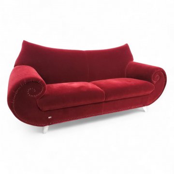 Sofa BRETZ GAUDI, Vollpolster Samt rot, Rücken und Arml. geschwungen, Nagelkante, Füße Metall silber, 3-er, B220xT80xH95