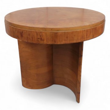 Tisch, Nußbaum, 3 gewellte Wangenbeine, breite Zarge, ø70 H60