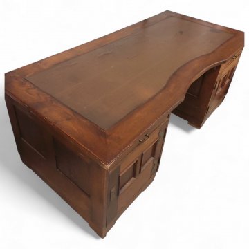 Schreibtisch, 3-tlg, Eiche, eingelegte Linoleumplatte braun, 2-türig, 2 Schübe, B200xT95xH79