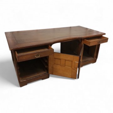 Schreibtisch, 3-tlg, Eiche, eingelegte Linoleumplatte braun, 2-türig, 2 Schübe, B200xT95xH79