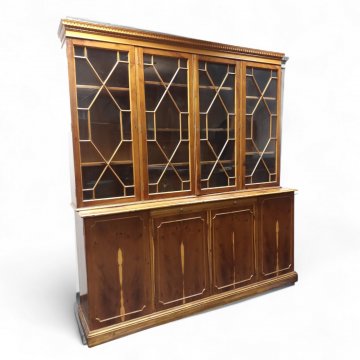 Bücherschrank, Eibe, 2-tlg. Unterschrank, 4 Türen, Aufsatz 4 Türen unter Glas, Gitter, 180x40x200 cm
