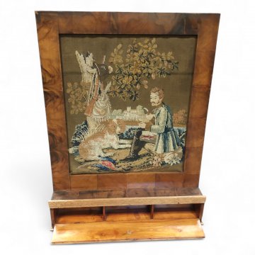 Wandkonsole, Mahagoni hell, Ablagefach, Klappe, Gobelinstickerei, 62x12x82 cm