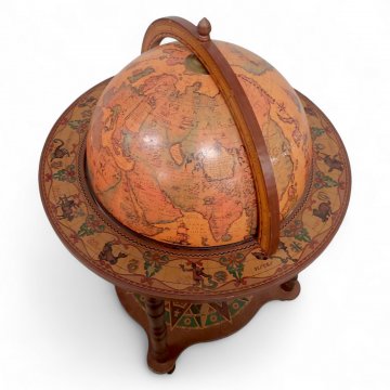 Barwagen GLOBUS, MDF/K.stoff braun, Gestell 4-beinig gedrechselt, Ablageboden, Globus aufklappbar, H97xø70
