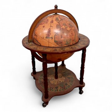 Barwagen GLOBUS, MDF/K.stoff braun, Gestell 4-beinig gedrechselt, Ablageboden, Globus aufklappbar, H97xø70