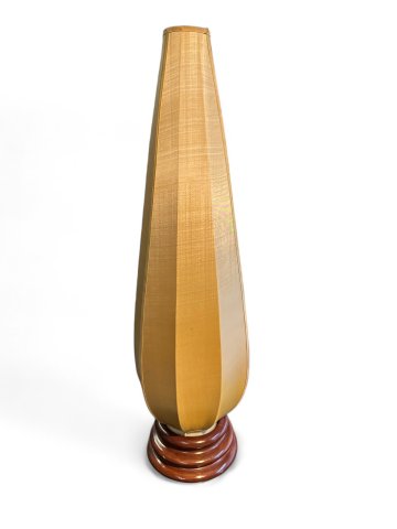 Stehlampe, goldener Seiden-Lampenschirm in Tulpenform, gedrehter Holzsockel, braun, Höhe 80cm