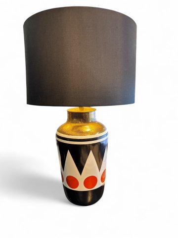 Tischlampe, Keramik gold/weiß/schwarz, orange Punkte, Stoffschirm zylindrisch grün Ø 36cm, 