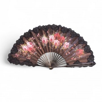 Wandfächer / Fächer, Blumenmotiv, schwarze Spitze, schwarzes Holz