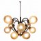 P- Deckenlampe, Messinggestell, kugelförmige, satinierte Glasschirme, Ø12cm mit Schliffornament, 12 Fassungen E27, max. 60W, H100 B70