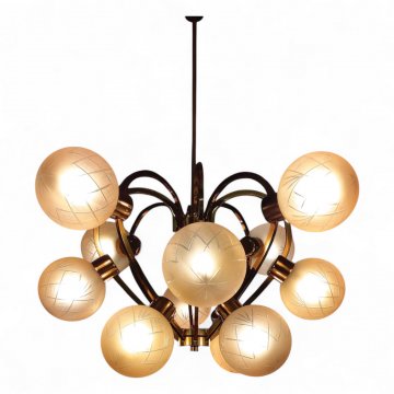 P- Deckenlampe, Messinggestell, kugelförmige, satinierte Glasschirme, Ø12cm mit Schliffornament, 12 Fassungen E27, max. 60W, H100 B70