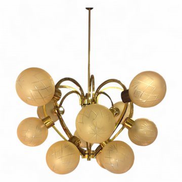 P- Deckenlampe, Messinggestell, kugelförmige, satinierte Glasschirme, Ø12cm mit Schliffornament, 12 Fassungen E27, max. 60W, H100 B70