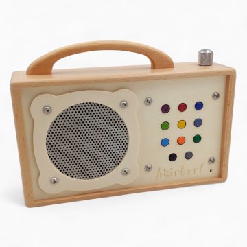 Musikbox hörbert, Holz, tragbar, Front beige, Bedienknöpfe bunt, uni, Drehknopf Metall, H18xB25xT7