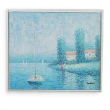 Ölbild blau-weiß, Boot und Pinien, weißer Einlegerahmen, 57x64cm  DONALD, beschädigt