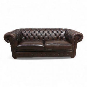 Sofa, Chesterfield, Vollpolster Leder dkl.braun, 2 lose Sitzpolster, Arm-/Rückenl. kapitoniert, Nagelkante, 3-er, B210xT95xH75, Ca. 65Kg