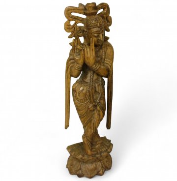 Figur Lakshmi indische tanzende Göttin, Holz, aufwendiger Haarschmuck, Umhang, auf Sockel, 50H