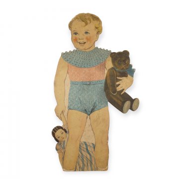 Bild auf Pappe, Kind mit Puppe und Teddy, Vintage