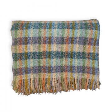 Wolldecke 170x190, orange/grün/lia/beige/petrol kariert Fransen, Bouclé