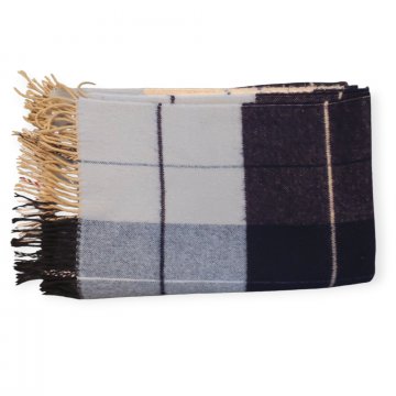 Plaid 120x172cm, hellblau/beige/ dunkelblau kariert, mit gedrehten Fransen, Lammwolle, Eagle Prod.